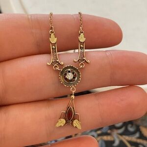 Antique Delicate Lavaliere Necklace w/Buttercup Set Paste Stone & Gold Leaves